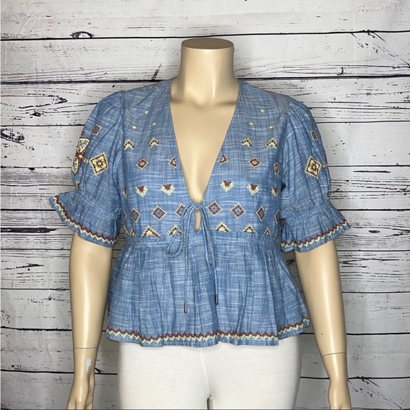Free People Chambray Puff Sleeve Crop Tallulah Embroidered Blouse Size XL - Picture 4 of 8